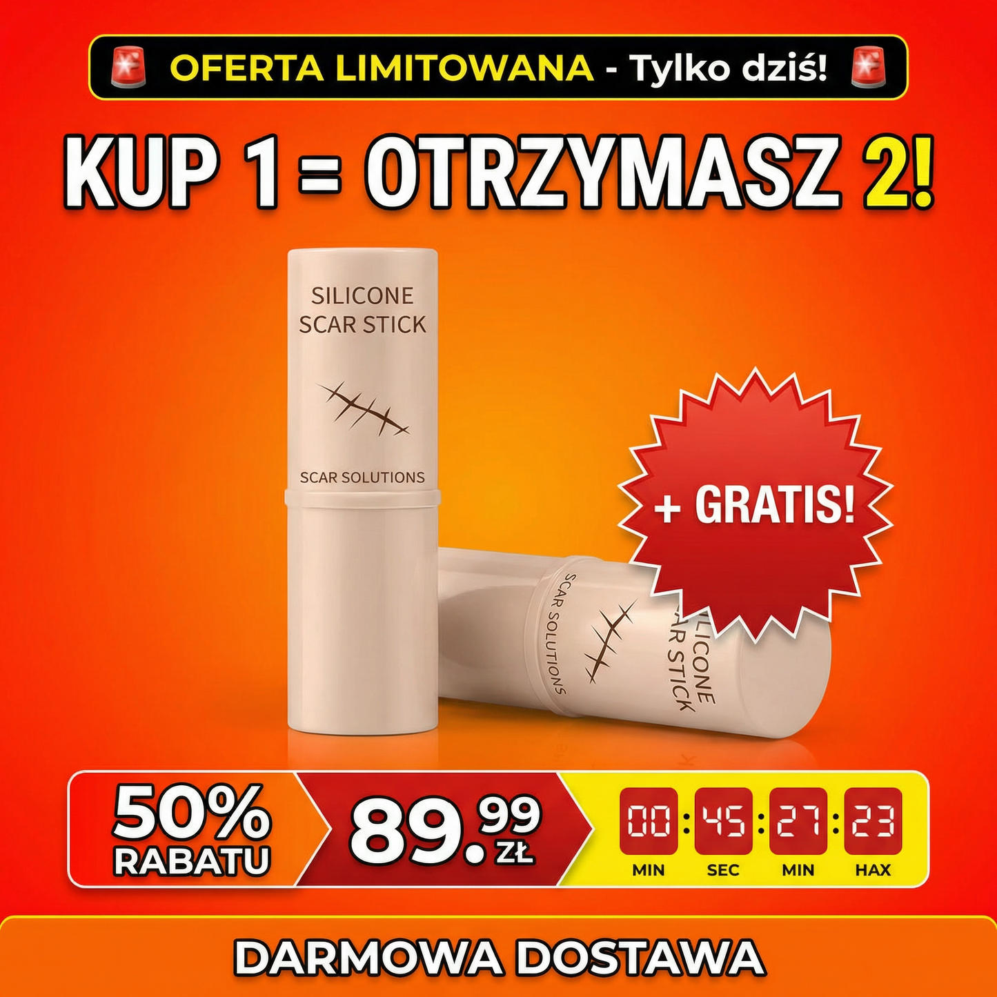 🔥 KUP 1 STICK – DOSTANIESZ 2 GRATIS! Pozbądź Się Blizn w 28 Dni Za Tylko 89.99 zł  (Wartość: 179.98 zł) + DARMOWA DOSTAWA! 🎁