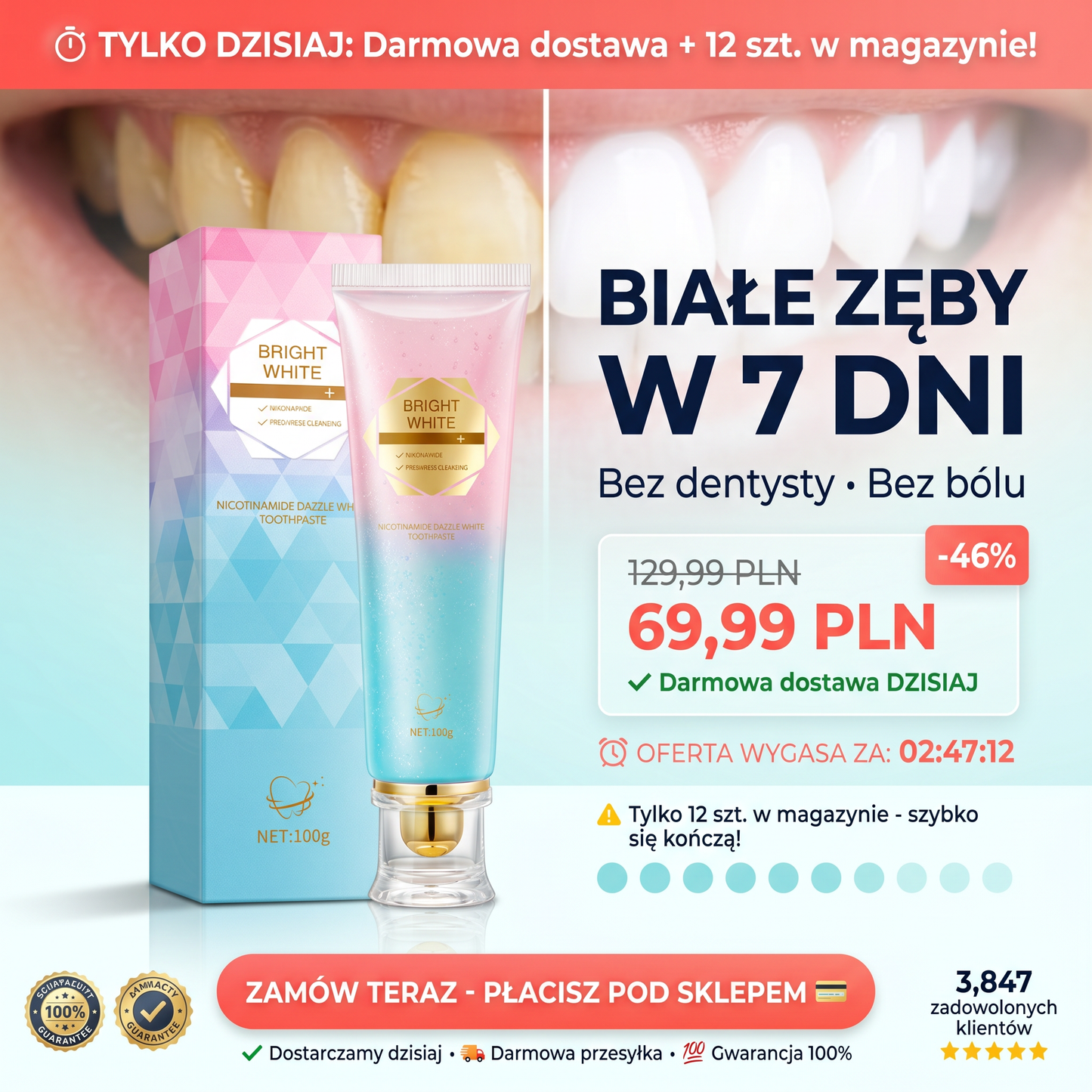 🔥Białe zęby w 7 dni! 69.99 PLN + darmowa dostawa. ⏱️TYLKO DZISIAJ!