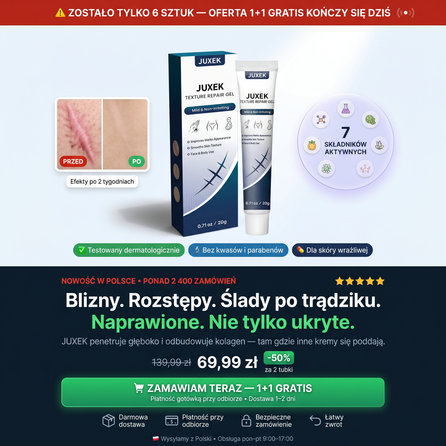 Blizny i rozstępy?  Kup 1 JUXEK — dostań 2. GRATIS.  Płacisz przy odbiorze🔥